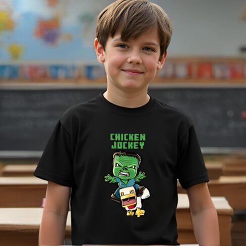 فيلم Minecraft Movie Chicken Jockey Youth Black Crew Neck Shirt Shirt T-Shirt in Kuwait