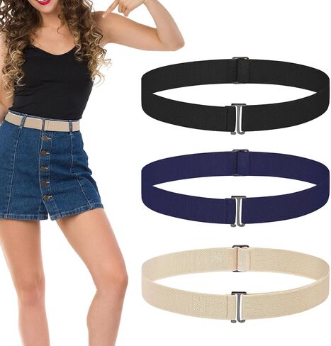 3 Pack Belts for Women, No Show Stretch Belt with Flat Buckle, Adjustable Elastic Waist Belt, Women's Belts for Jeans, Pants, Dresses, Invisible Belt Set for Women - Black, Blue, Khaki in Saudi Arabia