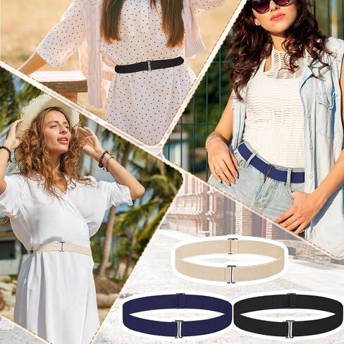 3 Pack Belts for Women, No Show Stretch Belt with Flat Buckle, Adjustable Elastic Waist Belt, Women's Belts for Jeans, Pants, Dresses, Invisible Belt Set for Women - Black, Blue, Khaki in Saudi Arabia