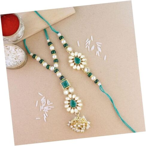 Iwels Indian Indian Rakshabhandan مصمم Kundan Pearl Bhaiya Bhabhi Lumba Rakhi Combo Set (Style 8) in Saudi Arabia