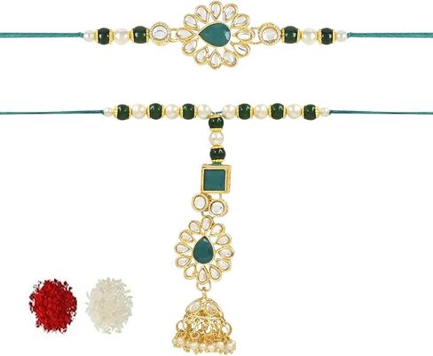 Iwels Indian Indian Rakshabhandan مصمم Kundan Pearl Bhaiya Bhabhi Lumba Rakhi Combo Set (Style 8) in Saudi Arabia