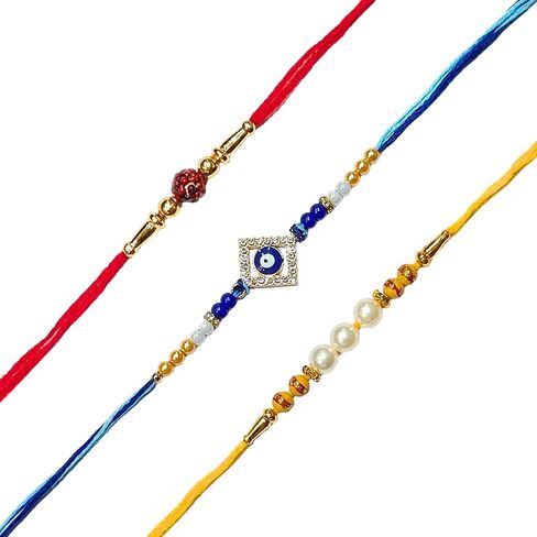 مجموعة من 3 مصمم Rakhi Threads - Evil Eye ، Rudraksha ، و Pearl Beaded Rakhi - Raksha Bandhan التقليدية المقدمة للاحتفال بالمهرجان in Saudi Arabia