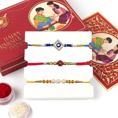مجموعة من 3 مصمم Rakhi Threads - Evil Eye ، Rudraksha ، و Pearl Beaded Rakhi - Raksha Bandhan التقليدية المقدمة للاحتفال بالمهرجان in Saudi Arabia