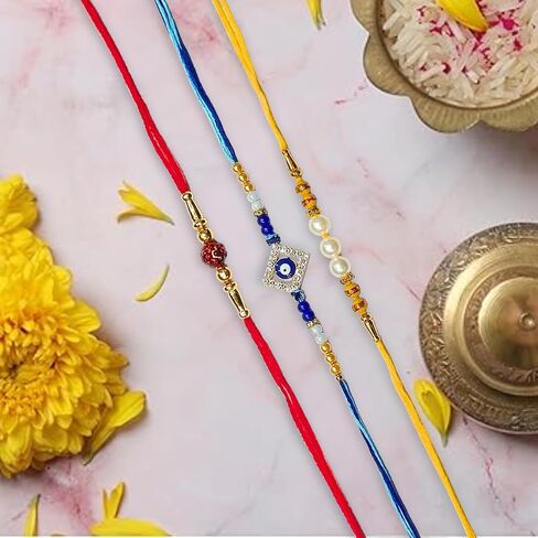 مجموعة من 3 مصمم Rakhi Threads - Evil Eye ، Rudraksha ، و Pearl Beaded Rakhi - Raksha Bandhan التقليدية المقدمة للاحتفال بالمهرجان in Saudi Arabia