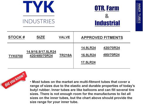 17.5-24 ، 420/70R24 ، 480/70R24 Tyre Tyre Tube مع جذع صمام TR218A للاستخدام في الإطارات الشعاعية أو التحيز بواسطة Tyk Industries in Saudi Arabia