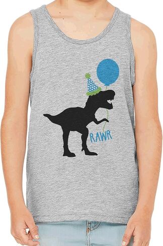 7 ate 9 Apparel Kids Party Dinosaur Blue Balloon Birthday Grey Tank Top in Saudi Arabia