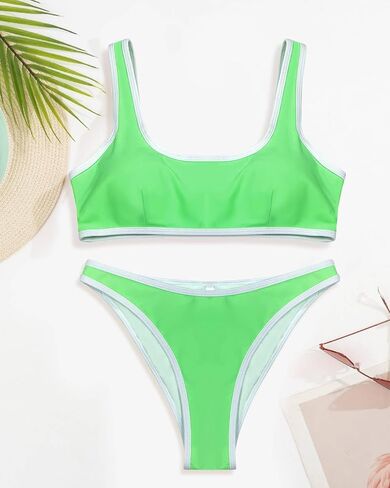 Bikini Set for Women Sporty Color Block 2 Piece Swimsuits High Cut Cheeky Bathing Suit in Kuwait