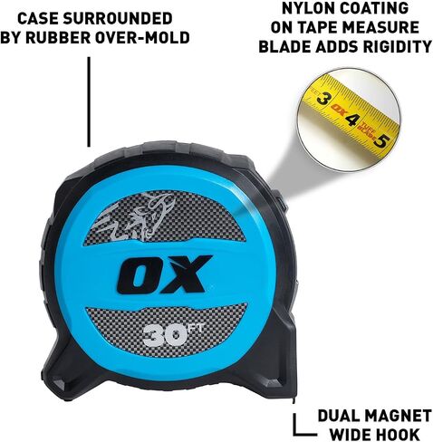 شريط قياس OX Tools بطول 35 قدمًا، شفرة Pro Tuff بعرض 1 ¼ بوصة، شريط قياس قفل عريض، غلاف متين مقاوم للصدمات واسترجاع سلس، 13 قدمًا، OX-P506035 in Kuwait