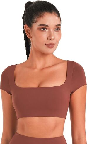 Sunzel Womens Short Sleeve Crop Top مع بنيت في حمالة صدرية اليوغا اليوغا تي شيرت غير رسمية تمرينات الرياضة الصالة الرياضية النشط مع الحشو in Kuwait