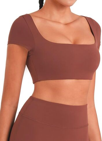 Sunzel Womens Short Sleeve Crop Top مع بنيت في حمالة صدرية اليوغا اليوغا تي شيرت غير رسمية تمرينات الرياضة الصالة الرياضية النشط مع الحشو in Kuwait