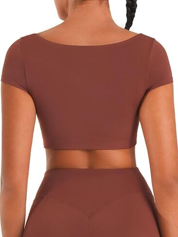 Sunzel Womens Short Sleeve Crop Top مع بنيت في حمالة صدرية اليوغا اليوغا تي شيرت غير رسمية تمرينات الرياضة الصالة الرياضية النشط مع الحشو in Kuwait