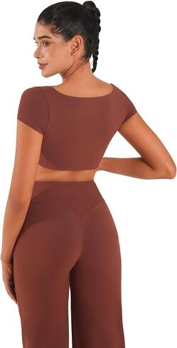 Sunzel Womens Short Sleeve Crop Top مع بنيت في حمالة صدرية اليوغا اليوغا تي شيرت غير رسمية تمرينات الرياضة الصالة الرياضية النشط مع الحشو in Kuwait
