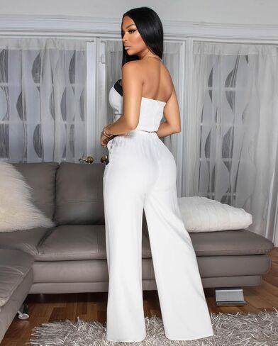 2 Piece Outfits for Women Sexy High Waist Jumpsuit Off Shoulder Tube Tops Bodycon Wide Leg Sets in Kuwait
