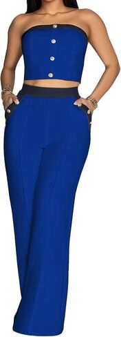 2 Piece Outfits for Women Sexy High Waist Jumpsuit Off Shoulder Tube Tops Bodycon Wide Leg Sets in Kuwait