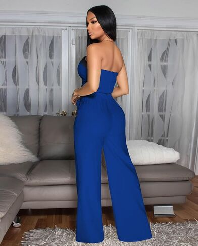 2 Piece Outfits for Women Sexy High Waist Jumpsuit Off Shoulder Tube Tops Bodycon Wide Leg Sets in Kuwait