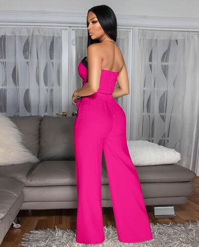 2 قطعة ملابس للنساء مثير بذلة عالية الخصر قبالة أنبوب الكتف مجموعات الساق واسعة in Kuwait