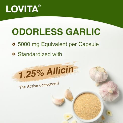 Lovita Odorless Garlic Extract, 50mg 100:1 Concentrate, High Potency, 1.25% Allicin, Gluten-Free, Supports Immune & Cardiovascular Health, 60 Vegan Capsules, 2 Month Supply in Kuwait