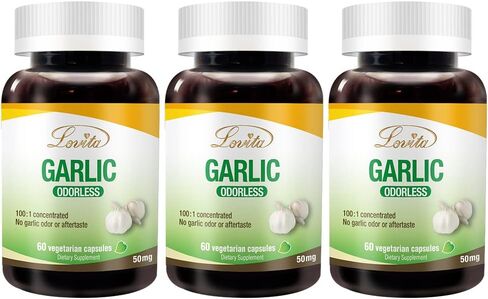 Lovita Odorless Garlic Extract, 50mg 100:1 Concentrate, High Potency, 1.25% Allicin, Gluten-Free, Supports Immune & Cardiovascular Health, 60 Vegan Capsules, 2 Month Supply in Kuwait