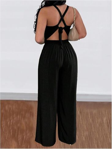 WDIRARA Women's Cut Out Twist Front Criss Cross Tie Back Sleeveless Wide Leg Cami Jumpsuit in Saudi Arabia