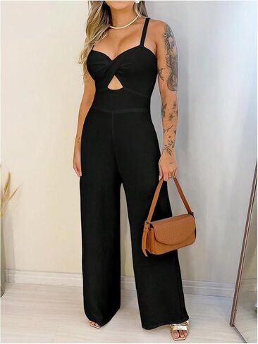 WDIRARA Women's Cut Out Twist Front Criss Cross Tie Back Sleeveless Wide Leg Cami Jumpsuit in Saudi Arabia