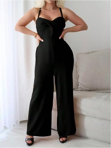 WDIRARA Women's Cut Out Twist Front Criss Cross Tie Back Sleeveless Wide Leg Cami Jumpsuit in Saudi Arabia