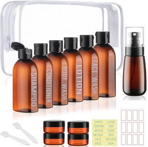 Travel Kit - 10 Pcs Travel Bottles for Toiletries, TSA Approved, Leak Proof Plastic Small Cream Jars & Refillable Spray Bottle for Shampoo, Conditioner (Brown) in Kuwait