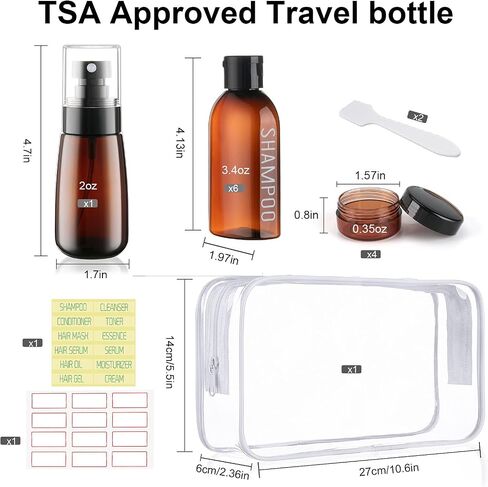 Travel Kit - 10 Pcs Travel Bottles for Toiletries, TSA Approved, Leak Proof Plastic Small Cream Jars & Refillable Spray Bottle for Shampoo, Conditioner (Brown) in Kuwait