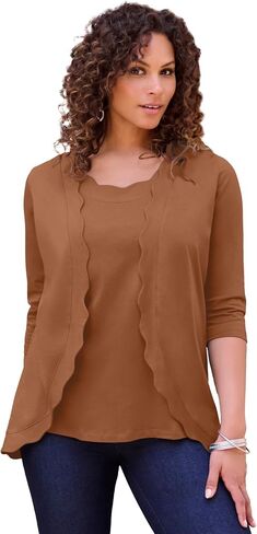 Roaman's Women's Plus Size Scalloped Cardigan and Tank Set in Kuwait