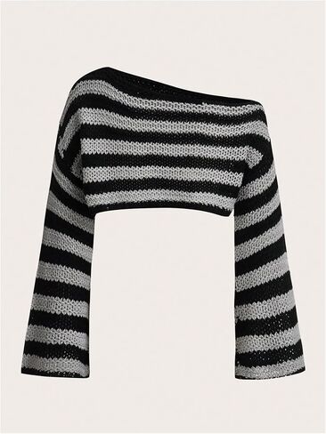 Makemechic Women's Bell Sleeve Sweater Sweater Tops Striped Crops Drops الكتف in Saudi Arabia