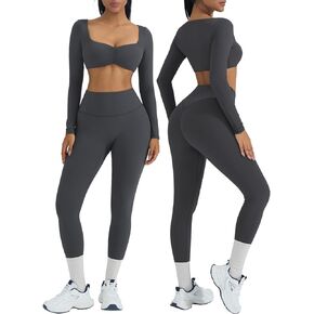 OMKAGI 2 Piece Workout Sets for Women Long Sleeve Padded Sports Bra High Waisted Gym Outfits with Pocket in Kuwait
