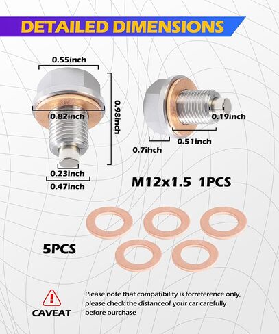 Automotive Replacement Engine Oil Drain Plugs,Magnetic Oil Drain Plug,Car Accessories Aluminum Stainless Steel Sump Drain Nut Bolt with 5 Copper Crush Washer,Suitable for Most Cars (M12×1.25) in Saudi Arabia