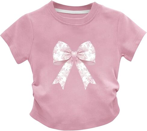 KEEVICI Cute Pink Bow Preppy Shirts for Girls Kids Aesthetic Graphic Tees Coquette T Shirt Summer Cotton Tops in Saudi Arabia