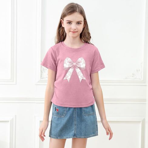 KEEVICI Cute Pink Bow Preppy Shirts for Girls Kids Aesthetic Graphic Tees Coquette T Shirt Summer Cotton Tops in Saudi Arabia