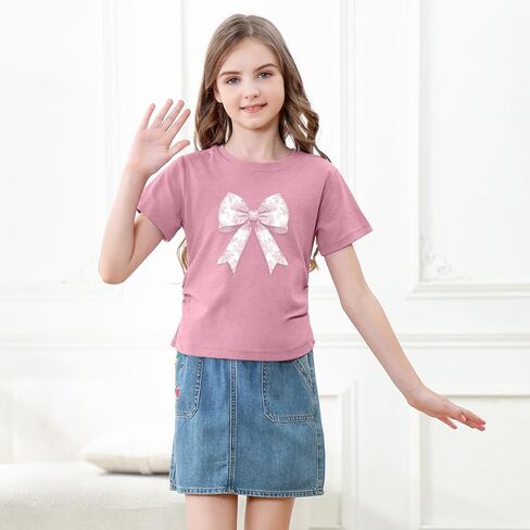 KEEVICI Cute Pink Bow Preppy Shirts for Girls Kids Aesthetic Graphic Tees Coquette T Shirt Summer Cotton Tops in Saudi Arabia