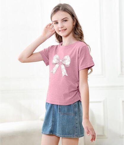 KEEVICI Cute Pink Bow Preppy Shirts for Girls Kids Aesthetic Graphic Tees Coquette T Shirt Summer Cotton Tops in Saudi Arabia