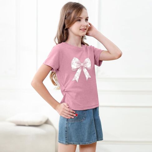 KEEVICI Cute Pink Bow Preppy Shirts for Girls Kids Aesthetic Graphic Tees Coquette T Shirt Summer Cotton Tops in Saudi Arabia