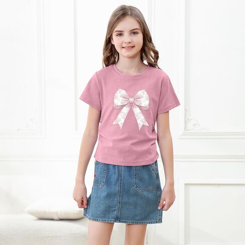 KEEVICI Cute Pink Bow Preppy Shirts for Girls Kids Aesthetic Graphic Tees Coquette T Shirt Summer Cotton Tops in Saudi Arabia