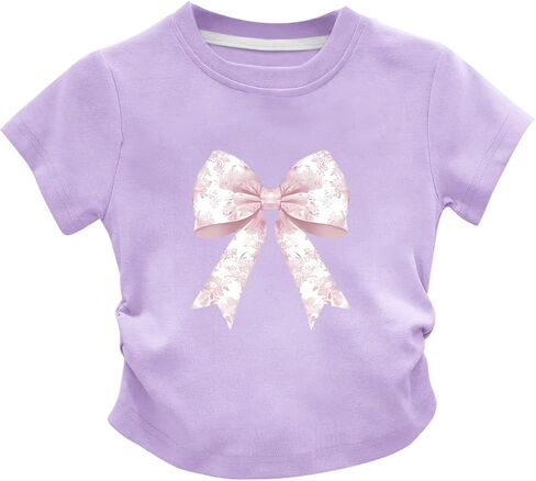 KEEVICI Cute Pink Bow Preppy Shirts for Girls Kids Aesthetic Graphic Tees Coquette T Shirt Summer Cotton Tops in Saudi Arabia