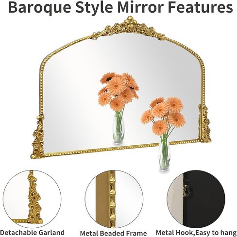 Vintage Arched Mirror, 40"x 30"Antique Baroque Mirror Style Metal Beaded Frame for Entryway Hallway Living Room,Vintage Gold in Kuwait