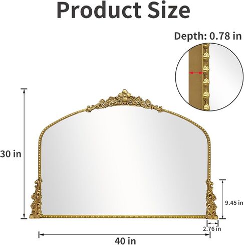 Vintage Arched Mirror, 40"x 30"Antique Baroque Mirror Style Metal Beaded Frame for Entryway Hallway Living Room,Vintage Gold in Kuwait