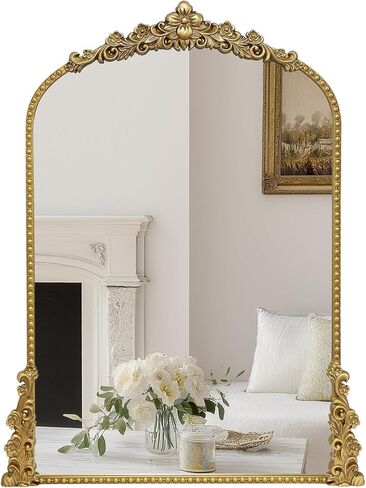 Vintage Arched Mirror, 40"x 30"Antique Baroque Mirror Style Metal Beaded Frame for Entryway Hallway Living Room,Vintage Gold in Kuwait