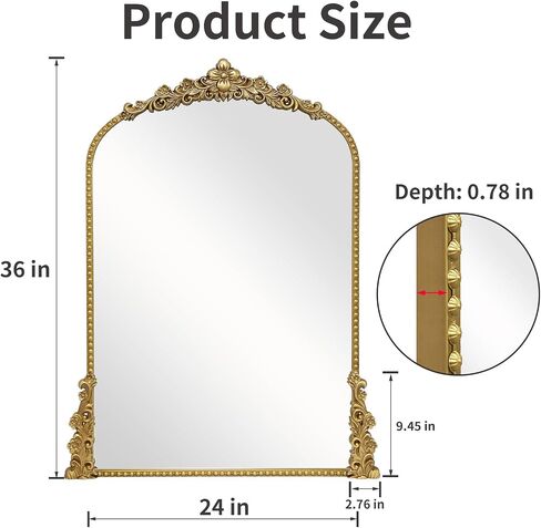 Vintage Arched Mirror, 40"x 30"Antique Baroque Mirror Style Metal Beaded Frame for Entryway Hallway Living Room,Vintage Gold in Kuwait