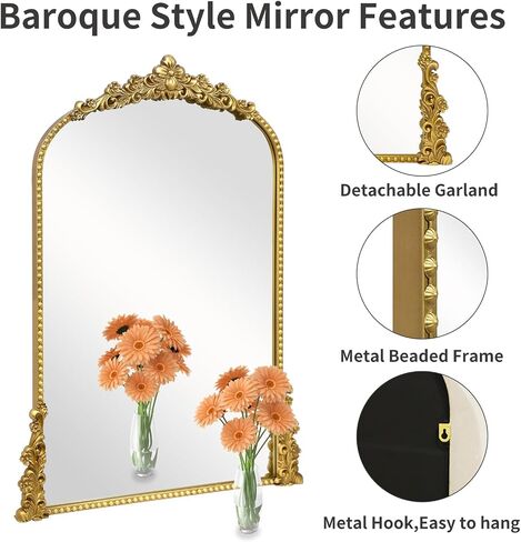 Vintage Arched Mirror, 40"x 30"Antique Baroque Mirror Style Metal Beaded Frame for Entryway Hallway Living Room,Vintage Gold in Kuwait