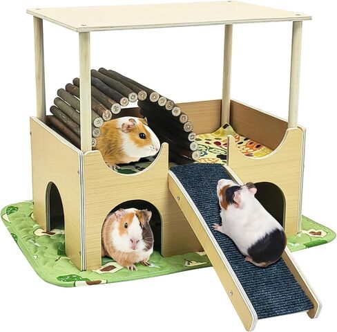 Fhiny Guinea Pig Hammock with Platform, Wooden Chinchilla Hideout with Ramp & Soft Pad Removable Piggies Hideaway Small Animal Habitat Decor for Guinea Pig Chinchilla Rat Hamster Gerbil in Kuwait
