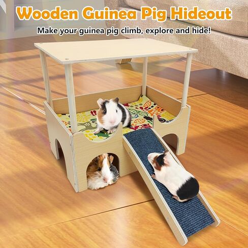 Fhiny Guinea Pig Hammock with Platform, Wooden Chinchilla Hideout with Ramp & Soft Pad Removable Piggies Hideaway Small Animal Habitat Decor for Guinea Pig Chinchilla Rat Hamster Gerbil in Kuwait