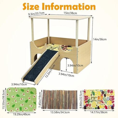 Fhiny Guinea Pig Hammock with Platform, Wooden Chinchilla Hideout with Ramp & Soft Pad Removable Piggies Hideaway Small Animal Habitat Decor for Guinea Pig Chinchilla Rat Hamster Gerbil in Kuwait