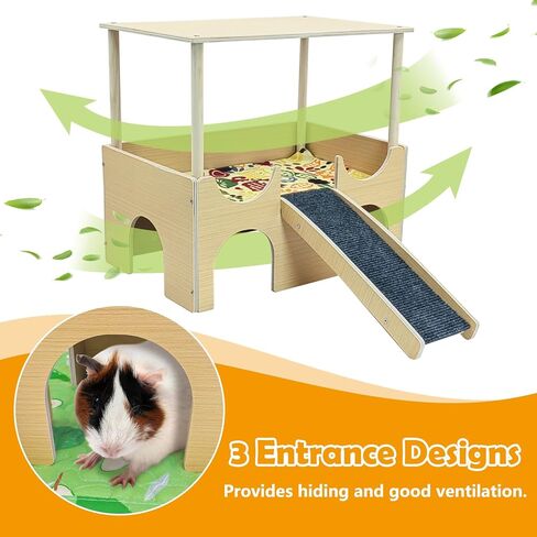 Fhiny Guinea Pig Hammock with Platform, Wooden Chinchilla Hideout with Ramp & Soft Pad Removable Piggies Hideaway Small Animal Habitat Decor for Guinea Pig Chinchilla Rat Hamster Gerbil in Kuwait