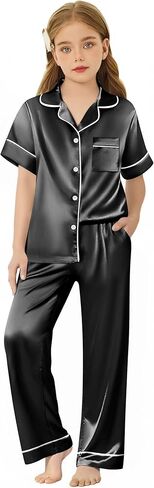 Arshiner Girls Pajamas Silk Satin Button Down Pjs 2 Piece Short Sleeve Sleepwear Set in Kuwait