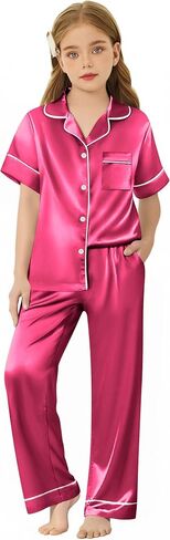 Arshiner Girls Pajamas Silk Satin Button Down Pjs 2 قطعة قصيرة الأكمام in Kuwait