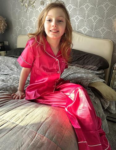 Arshiner Girls Pajamas Silk Satin Button Down Pjs 2 قطعة قصيرة الأكمام in Kuwait